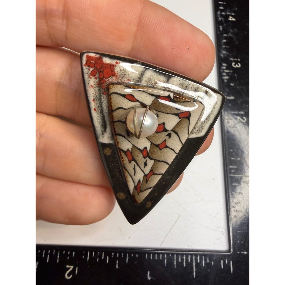 Artisan Ceramic Triangle Brooch Pearl Inlay Black White Red Abstract Pin